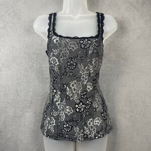 White House Black Market Womens Corset Tank Top SZ L Silver Jacquard Whimsygoth